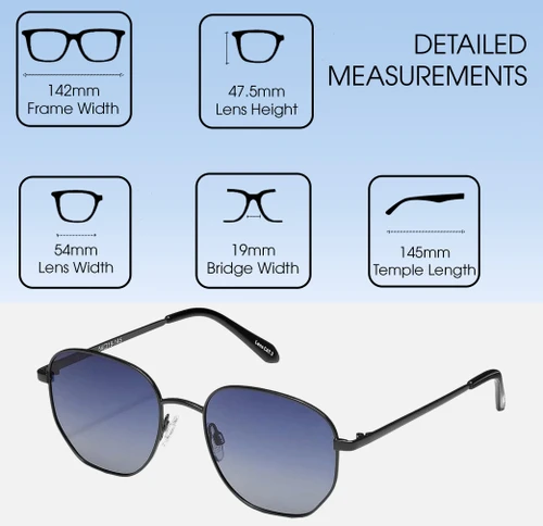 Dimensions and Measurements Illustration of QUAY Australia Big Time Unisex Hexagonal Sunglasses Shiny Black/Navy Blue 54 mm