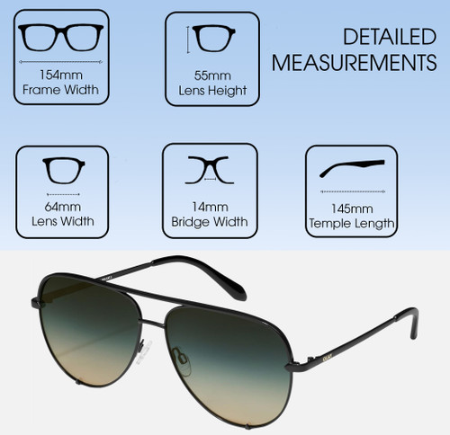 Dimensions and Measurements Illustration of QUAY Australia High Key Large Unisex Pilot Sunglasses Gloss Black/Green Fade 64mm