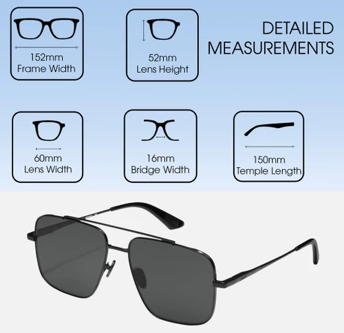 Dimensions and Measurements Illustration of QUAY Australia Level Out Unisex Square Designer Sunglasses Shiny Black/Black 60mm