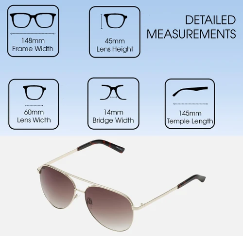 Dimensions and Measurements Illustration of QUAY Australia Vivienne Unisex Pilot Full Rim Designer Sunglasses Gold/Brown 60mm