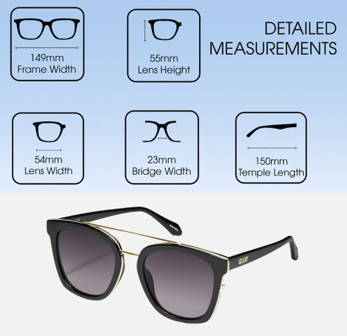 Dimensions and Measurements Illustration of QUAY Sweet Dreams Unisex Panthos Polarized BI-FOCAL Sunglasses Gloss Black 54 mm