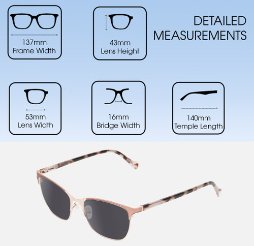 Dimensions and Measurements Illustration of Lucky Brand D114 Designer Polarized Sunglasses with Custom Cut Smoke Grey Lenses in Rose Gold Marble Ladies Cat Eye Full Rim Metal 53 mm
