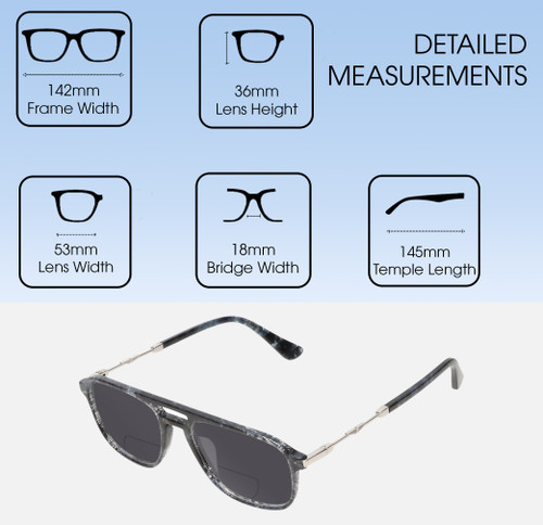 Dimensions and Measurements Illustration of Police VPLD13 Designer Polarized Reading Sunglasses with Custom Cut Powered Smoke Grey Lenses in Shiny Blue Marble Mens Pilot Full Rim Acetate 53 mm