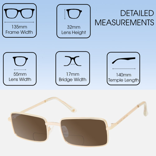 Dimensions and Measurements Illustration of Prive Revaux Matrix Designer Polarized Reading Sunglasses with Custom Cut Powered Amber Brown Lenses in Champagne Gold Unisex Rectangular Full Rim Metal 55 mm