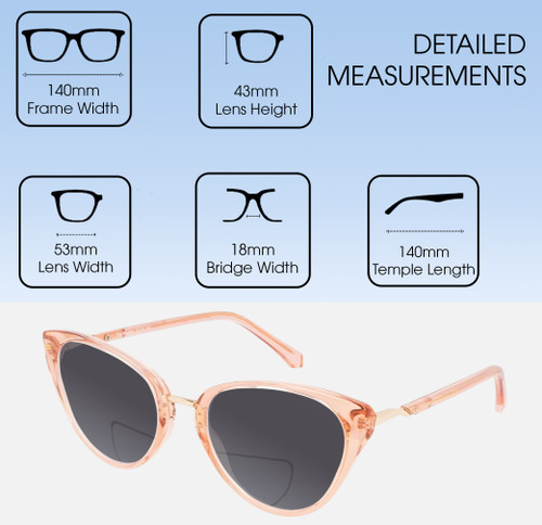 Dimensions and Measurements Illustration of Prive Revaux Modern Designer Polarized Reading Sunglasses with Custom Cut Powered Smoke Grey Lenses in Cantaloupe Crystal Ladies Cat Eye Full Rim Acetate 53 mm
