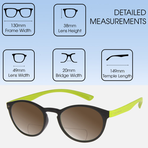 Dimensions and Measurements Illustration of Prive Revaux Plato Designer Polarized Reading Sunglasses with Custom Cut Powered Amber Brown Lenses in Dark Chocolate Lime Green Unisex Round Full Rim Acetate 49 mm