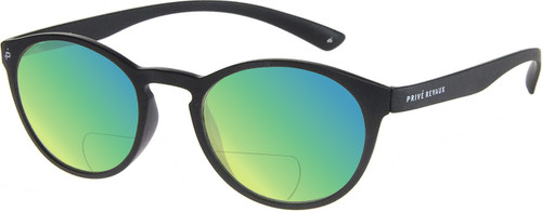 Profile View of Prive Revaux Plato Designer Polarized Reading Sunglasses with Custom Cut Powered Green Mirror Lenses in Matte Caviar Black Unisex Round Full Rim Acetate 49 mm