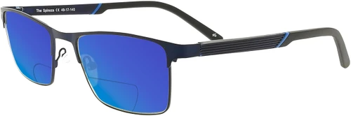 Dimensions and Measurements Illustration of Prive Revaux Spinoza Designer Polarized Sunglasses with Custom Cut Blue Mirror Lenses in Midnight Blue Unisex Rectangular Full Rim Metal 49 mm