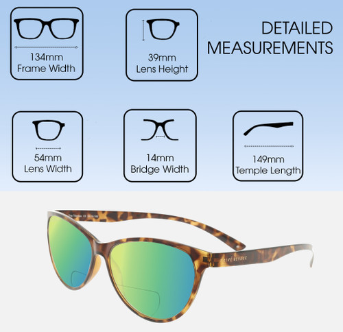 Dimensions and Measurements Illustration of Prive Revaux Thoreau Designer Polarized Reading Sunglasses with Custom Cut Powered Green Mirror Lenses in Chestnut Brown Tortoise Havana Ladies Cat Eye Full Rim Acetate 54 mm