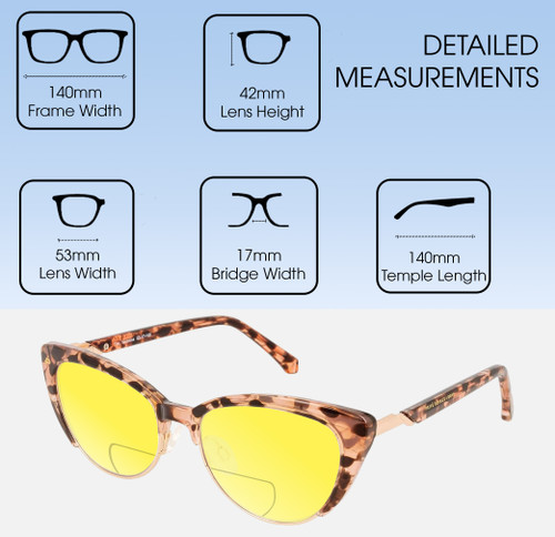 Dimensions and Measurements Illustration of Prive Revaux Veronica Designer Polarized Reading Sunglasses with Custom Cut Powered Sun Flower Yellow Lenses in Blush Pink Tortoise Havana Ladies Cat Eye Full Rim Acetate 53 mm