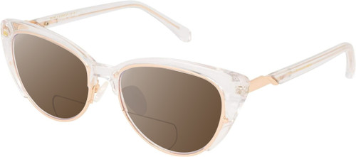 Profile View of Prive Revaux Veronica Designer Polarized Reading Sunglasses with Custom Cut Powered Amber Brown Lenses in Crystal Clear Ladies Cat Eye Full Rim Acetate 53 mm