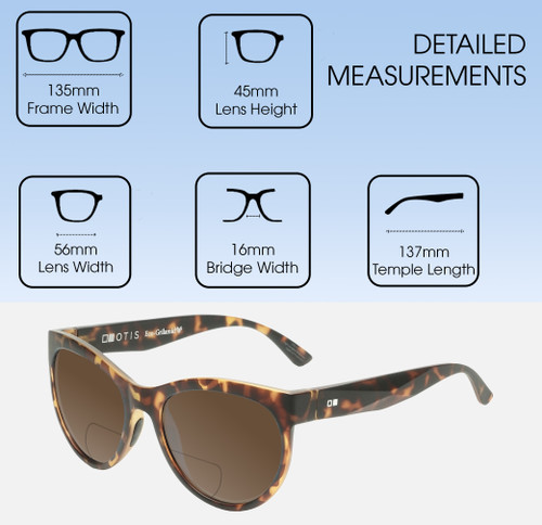 Dimensions and Measurements Illustration of OTIS Aerial Designer Polarized Reading Sunglasses with Custom Cut Powered Amber Brown Lenses in Matte Honey Tortoise Havana Ladies Cat Eye Full Rim Acetate 56 mm