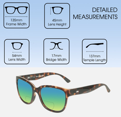 Dimensions and Measurements Illustration of OTIS Odyssey Designer Polarized Reading Sunglasses with Custom Cut Powered Green Mirror Lenses in Matte Honey Tortoise Havana Ladies Cat Eye Full Rim Acetate 54 mm