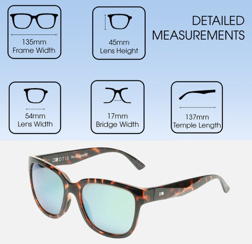 Dimensions and Measurements Illustration of OTIS Odyssey CatEye Sunglasses in Ochre Havana/Polarized Mirror Green Glass 54mm