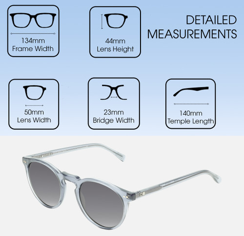 Dimensions and Measurements Illustration of OTIS Omar Designer Polarized Sunglasses with Custom Cut Smoke Grey Lenses in Eco Crystal Wave Neutral Unisex Round Full Rim Acetate 50 mm