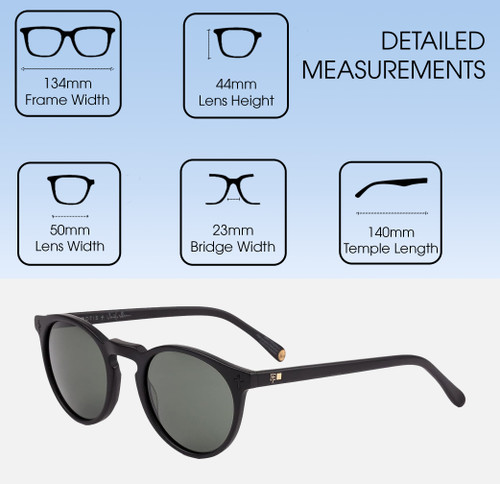Dimensions and Measurements Illustration of OTIS Omar Unisex Round Full Rim Sunglasses Matte Black/Grey Polarized Glass 50mm