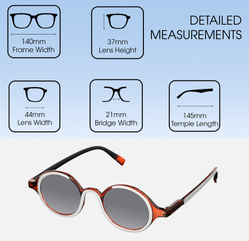 Dimensions and Measurements Illustration of Elton John Mash Up Designer Polarized Sunglasses with Custom Cut Smoke Grey Lenses in Red Crystal Unisex Round Full Rim Acetate 44 mm