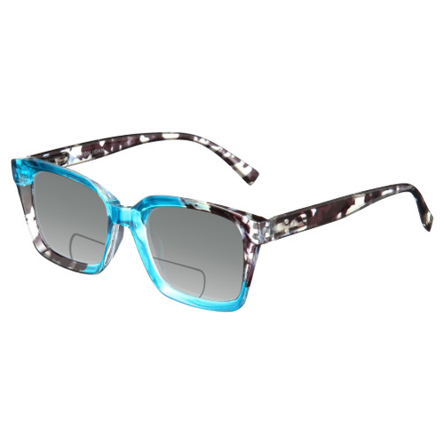 Profile View of Elton John Remix 1 Designer Polarized Reading Sunglasses with Custom Cut Powered Smoke Grey Lenses in Sapphire Blue Marble Black White Unisex Round Full Rim Acetate 49 mm