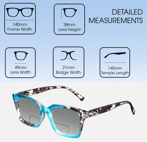 Dimensions and Measurements Illustration of Elton John Remix 1 Designer Polarized Reading Sunglasses with Custom Cut Powered Smoke Grey Lenses in Sapphire Blue Marble Black White Unisex Round Full Rim Acetate 49 mm