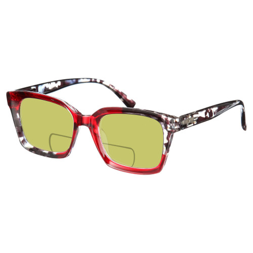 Profile View of Elton John Remix 2 Designer Polarized Reading Sunglasses with Custom Cut Powered Sun Flower Yellow Lenses in Ruby Red Marble Black White Unisex Round Full Rim Acetate 49 mm
