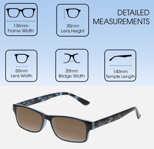 Dimensions and Measurements Illustration of Perry Ellis PEBX44 Designer Polarized Sunglasses with Custom Cut Amber Brown Lenses in Gloss Navy Blue Marble Unisex Rectangular Full Rim Acetate 50 mm
