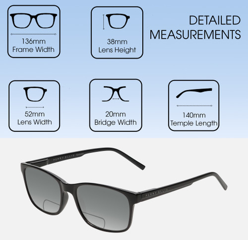 Dimensions and Measurements Illustration of Perry Ellis PEBX55 Designer Polarized Reading Sunglasses with Custom Cut Powered Smoke Grey Lenses in Gloss Black Marble Unisex Square Full Rim Acetate 52 mm