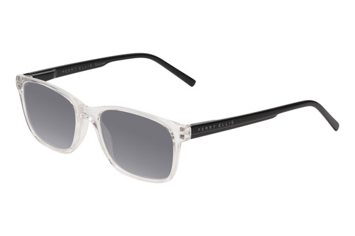 Profile View of Perry Ellis PEBX55 Designer Polarized Sunglasses with Custom Cut Smoke Grey Lenses in Gloss Crystal Clear Marble Unisex Square Full Rim Acetate 52 mm