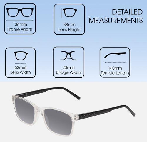 Dimensions and Measurements Illustration of Perry Ellis PEBX55 Designer Polarized Sunglasses with Custom Cut Smoke Grey Lenses in Gloss Crystal Clear Marble Unisex Square Full Rim Acetate 52 mm