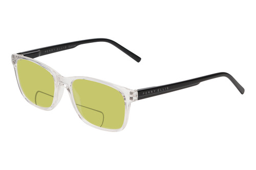 Profile View of Perry Ellis PEBX55 Designer Polarized Reading Sunglasses with Custom Cut Powered Sun Flower Yellow Lenses in Gloss Crystal Clear Marble Unisex Square Full Rim Acetate 52 mm