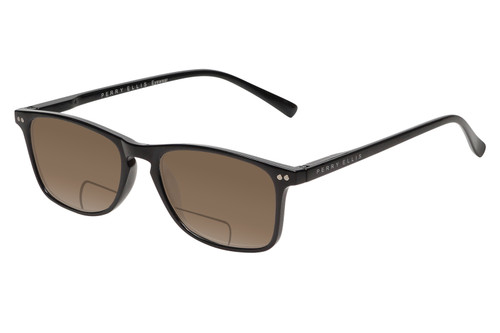 Profile View of Perry Ellis PEBX57 Designer Polarized Reading Sunglasses with Custom Cut Powered Amber Brown Lenses in Gloss Black Marble Unisex Panthos Full Rim Acetate 50 mm
