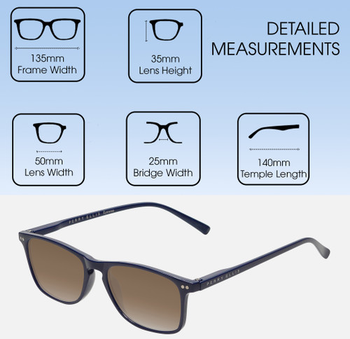 Dimensions and Measurements Illustration of Perry Ellis PEBX57 Designer Polarized Sunglasses with Custom Cut Amber Brown Lenses in Gloss Navy Blue Marble Unisex Panthos Full Rim Acetate 50 mm