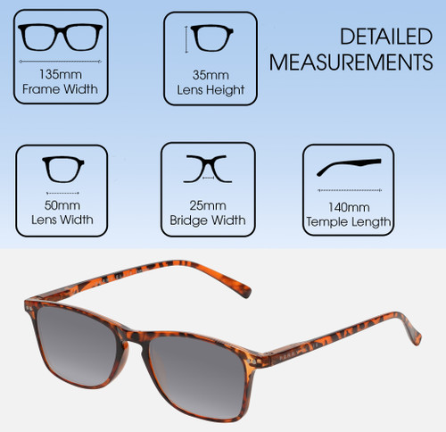 Dimensions and Measurements Illustration of Perry Ellis PEBX57 Designer Polarized Sunglasses with Custom Cut Smoke Grey Lenses in Gloss Tortoise Havana Marble Unisex Panthos Full Rim Acetate 50 mm