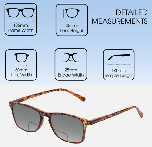 Dimensions and Measurements Illustration of Perry Ellis PEBX57 Designer Polarized Reading Sunglasses with Custom Cut Powered Smoke Grey Lenses in Gloss Tortoise Havana Marble Unisex Panthos Full Rim Acetate 50 mm