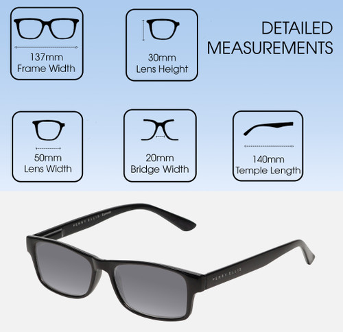 Dimensions and Measurements Illustration of Perry Ellis PEBX59 Designer Polarized Sunglasses with Custom Cut Smoke Grey Lenses in Gloss Black Marble Unisex Rectangular Full Rim Acetate 50 mm