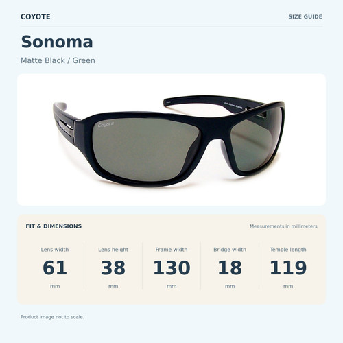 Coyote SONOMA Matte Black / Green size guide: frame width 130 mm, lens height 38 mm, lens width 61 mm, bridge width 18 mm, temple length 119 mm.
