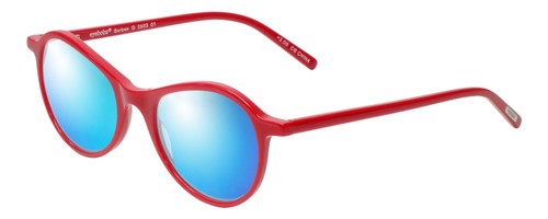 Profile View of Eyebobs Barbee Q Designer Polarized Sunglasses with Custom Cut Blue Mirror Lenses in Gloss Red Ladies Cateye Full Rim Acetate 50 mm