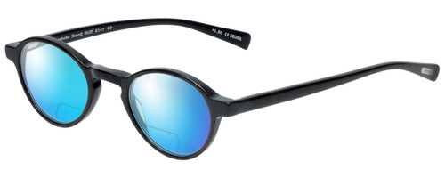 Profile View of Eyebobs Board Stiff Designer Polarized Reading Sunglasses with Custom Cut Powered Blue Mirror Lenses in Gloss Black Ladies Round Full Rim Acetate 42 mm