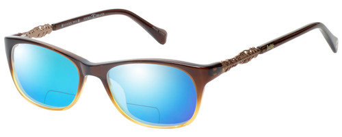 Profile View of Lucky Brand Palm Designer Polarized Reading Sunglasses with Custom Cut Powered Blue Mirror Lenses in Brown Crystal Fade Unisex Square Full Rim Acetate 52 mm