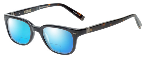 Profile View of John Varvatos V343 Designer Polarized Reading Sunglasses with Custom Cut Powered Blue Mirror Lenses in Gloss Black Unisex Classic Full Rim Acetate 47 mm