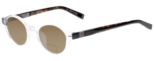 Profile View of John Varvatos V356 Designer Polarized Reading Sunglasses with Custom Cut Powered Amber Brown Lenses in Crystal Tortoise Unisex Round Full Rim Acetate 43 mm