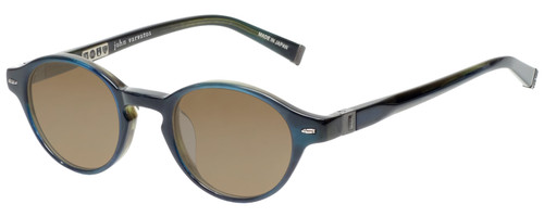 Profile View of John Varvatos V356 Designer Polarized Sunglasses with Custom Cut Amber Brown Lenses in Navy Blue Crystal Layer Unisex Round Full Rim Acetate 43 mm