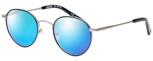 Profile View of Eyebobs BFF 3173-00 Designer Polarized Sunglasses with Custom Cut Blue Mirror Lenses in Silver Black Unisex Oval Full Rim Metal 46 mm