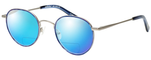 Profile View of Eyebobs BFF 3173-10 Designer Polarized Reading Sunglasses with Custom Cut Powered Blue Mirror Lenses in Blue Silver Unisex Oval Full Rim Metal 46 mm