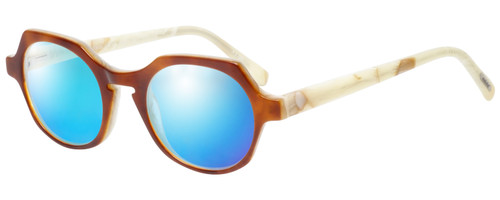 Profile View of Eyebobs Heda Letus 2744-06 Designer Polarized Sunglasses with Custom Cut Blue Mirror Lenses in Tortoise Marble White Horn Unisex Round Full Rim Acetate 47 mm