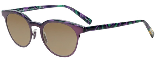 Profile View of Eyebobs Low Hanging Fruit 3159-52 Designer Polarized Sunglasses with Custom Cut Amber Brown Lenses in Purple Green Marble Swirl Ladies Round Full Rim Acetate 50 mm