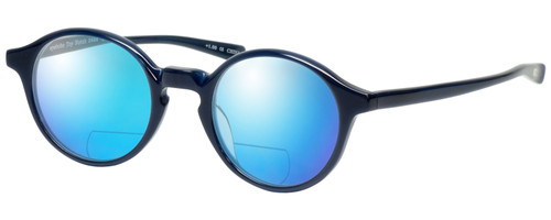 Profile View of Eyebobs Top Notch 2444-10 Designer Polarized Reading Sunglasses with Custom Cut Powered Blue Mirror Lenses in Cobalt Blue Unisex Round Full Rim Acetate 47 mm