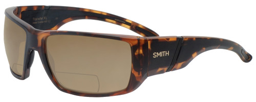 Profile View of Smith Optics Transfer XL Designer Polarized Reading Sunglasses with Custom Cut Powered Amber Brown Lenses in Matte Tortoise Brown Gold Unisex Sport Full Rim Acetate 67 mm
