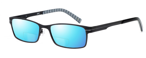 Profile View of Argyleculture Bix Designer Polarized Reading Sunglasses with Custom Cut Powered Blue Mirror Lenses in Black Silver Grey Stripe Unisex Rectangle Full Rim Metal 55 mm