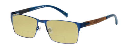 Profile View of Ducks Unlimited Station Designer Polarized Reading Sunglasses with Custom Cut Powered Sun Flower Yellow Lenses in Cobalt Blue Mens Rectangle Full Rim Metal 55 mm