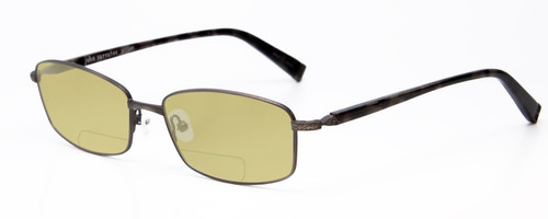 Profile View of John Varvatos V150-GUN Designer Polarized Reading Sunglasses with Custom Cut Powered Sun Flower Yellow Lenses in Antique Gun Metal Unisex Rectangle Full Rim Metal 56 mm